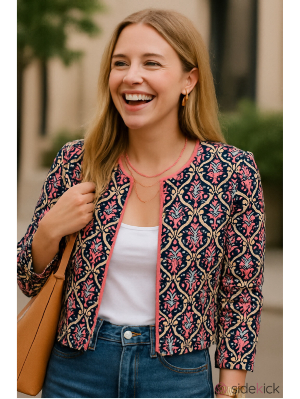 Preppy Patterned Open-Front Women’s Top in Navy, Neon Pink & Cream